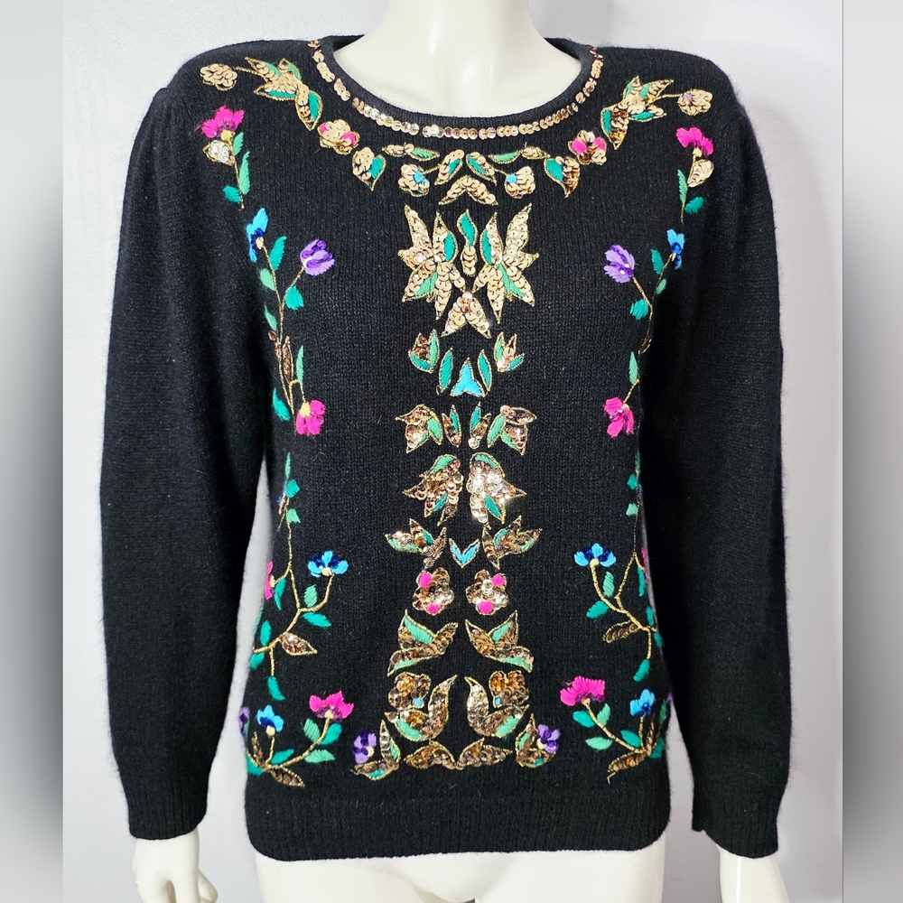 Vintage Christina Black Sweater with Floral Embroidery And Sequins